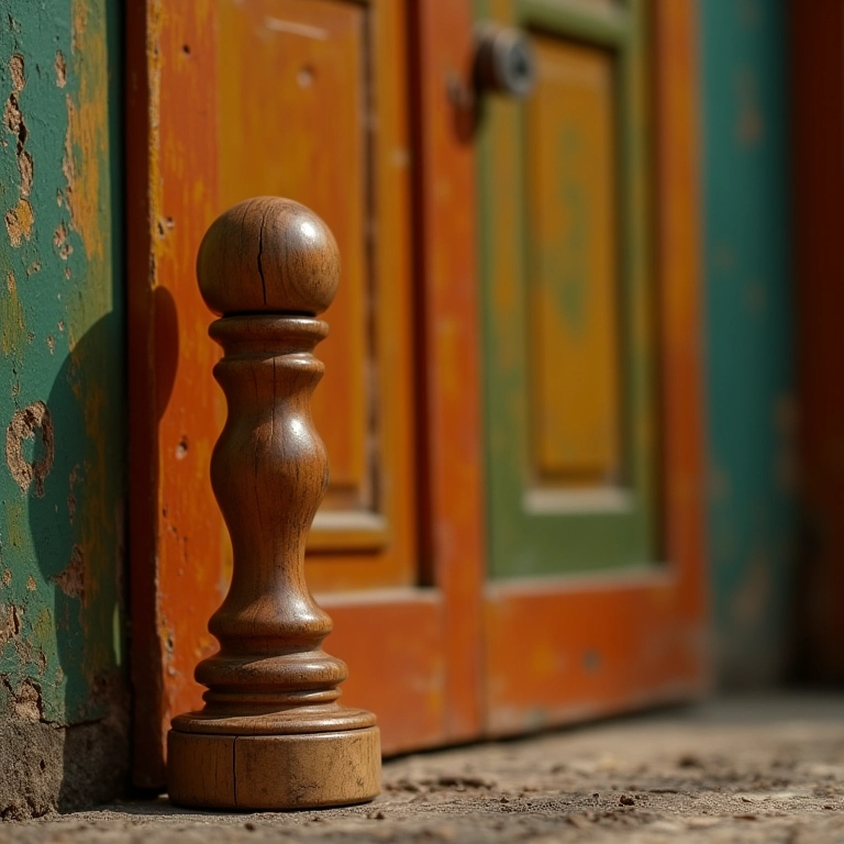 Peso de porta de madeira em frente a uma porta colorida brasileira.