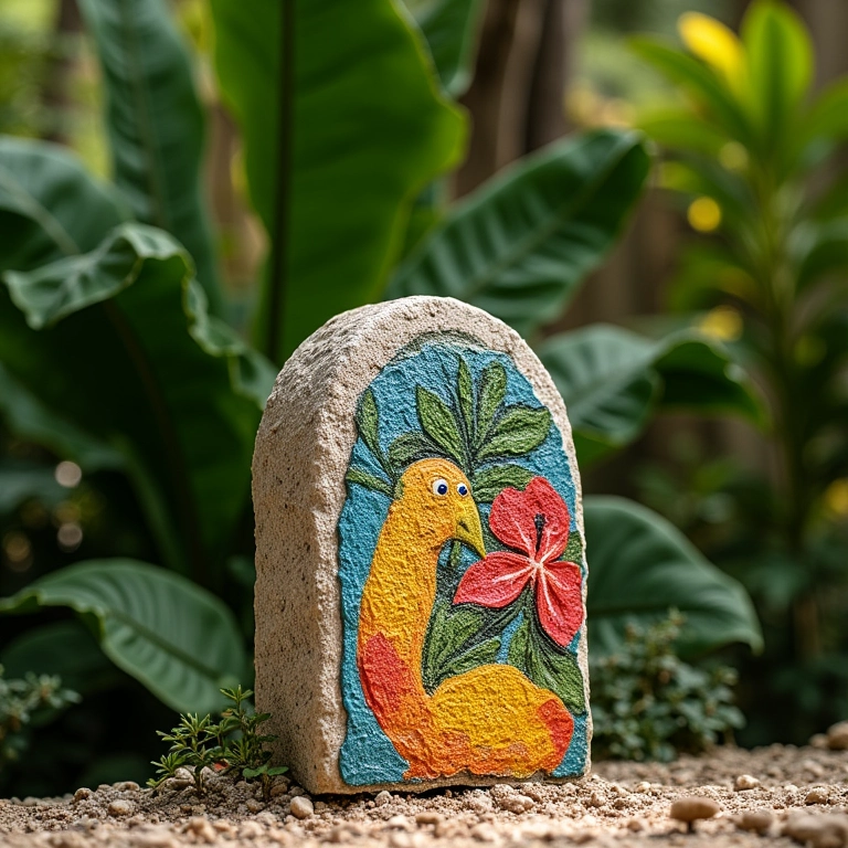 Peso de porta de pedra pintada em jardim brasileiro.