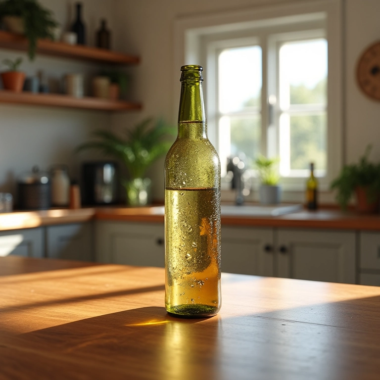 Peso de porta feito de garrafa decorada em cozinha iluminada.