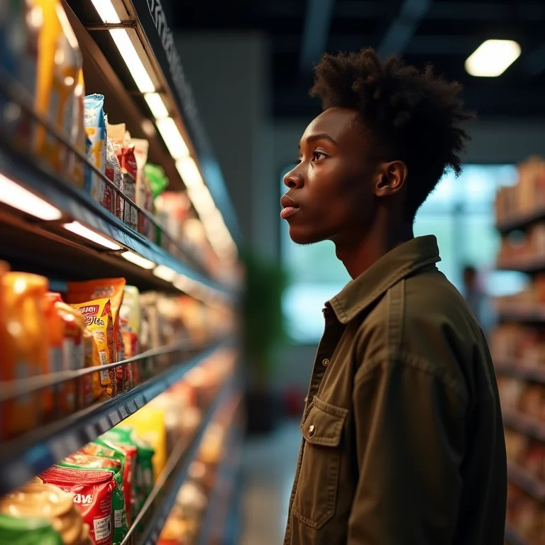 Pessoa com fome olhando para doces no supermercado.