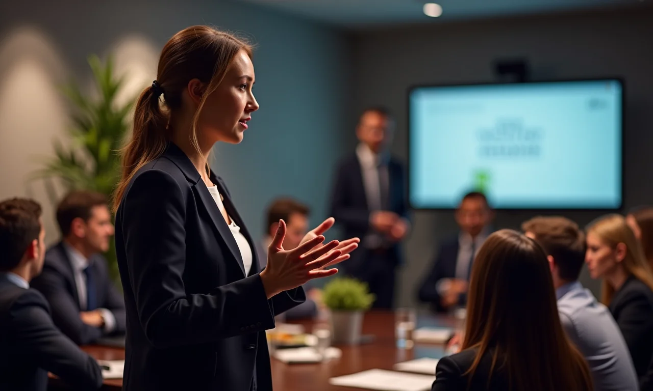 Pessoa confiante fazendo uma apresentação com voz clara e gestos envolventes.