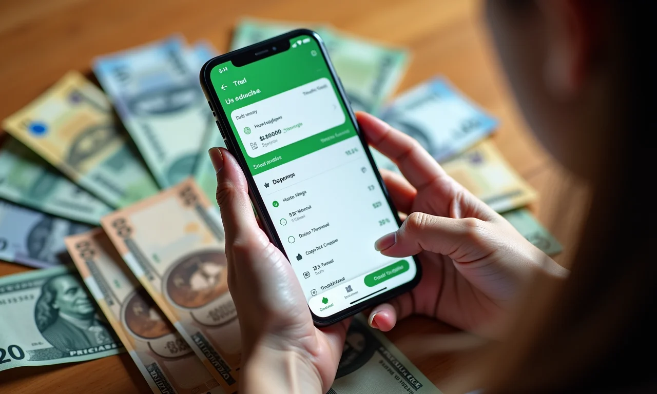 Pessoa controlando o orçamento e as despesas usando um aplicativo de finanças no celular.