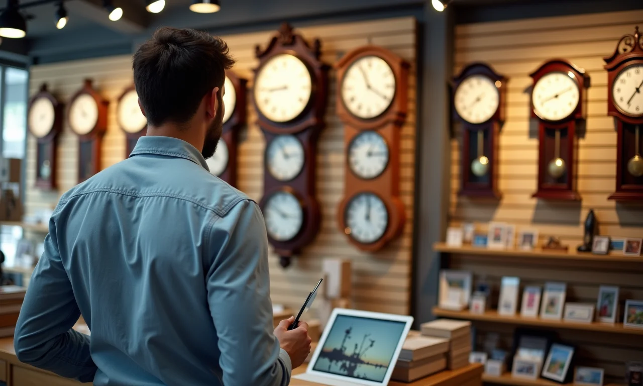 Pessoa escolhendo relógios de parede em loja física.
