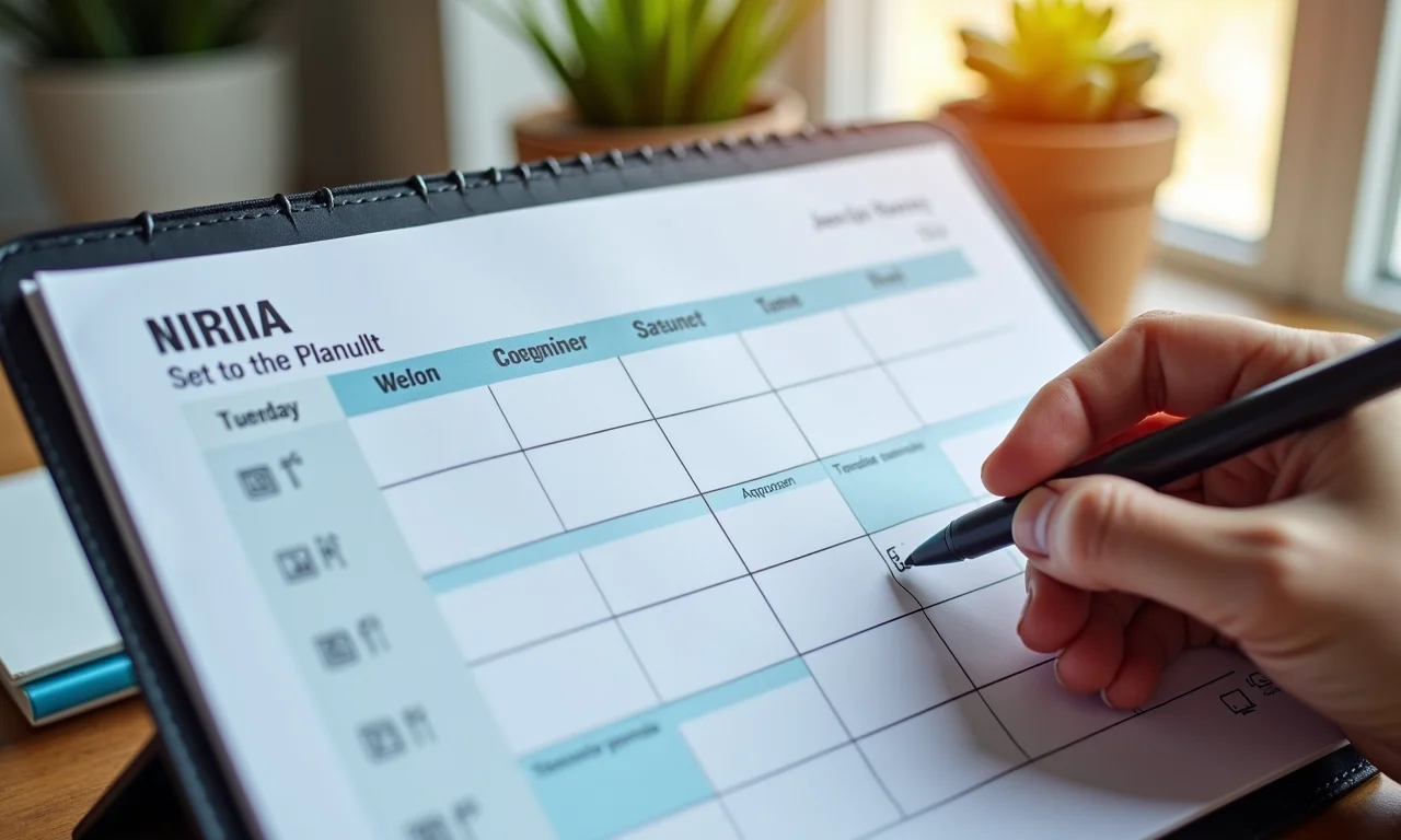 Pessoa gerenciando sua agenda em um planejador com horários flexíveis marcados, destacando o compromisso de tempo.