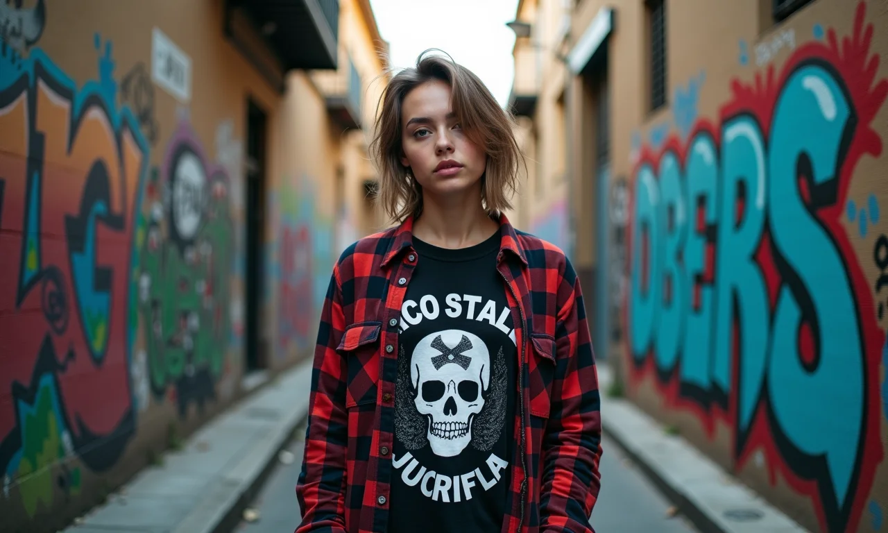 Pessoa não binária com camiseta de banda e camisa xadrez em beco grafitado em São Paulo.