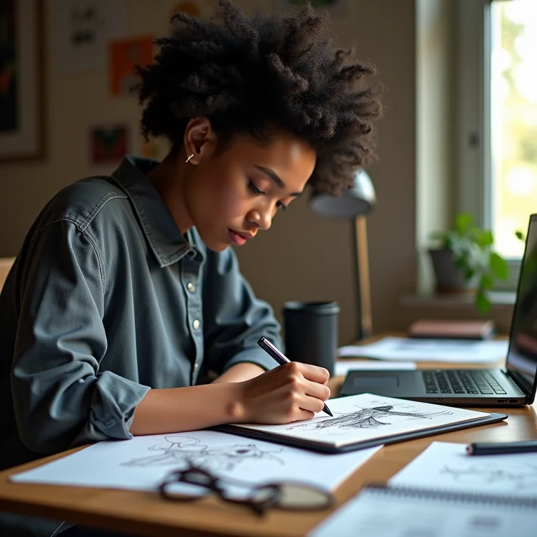 Pessoa não-binária criando um croqui de moda digital