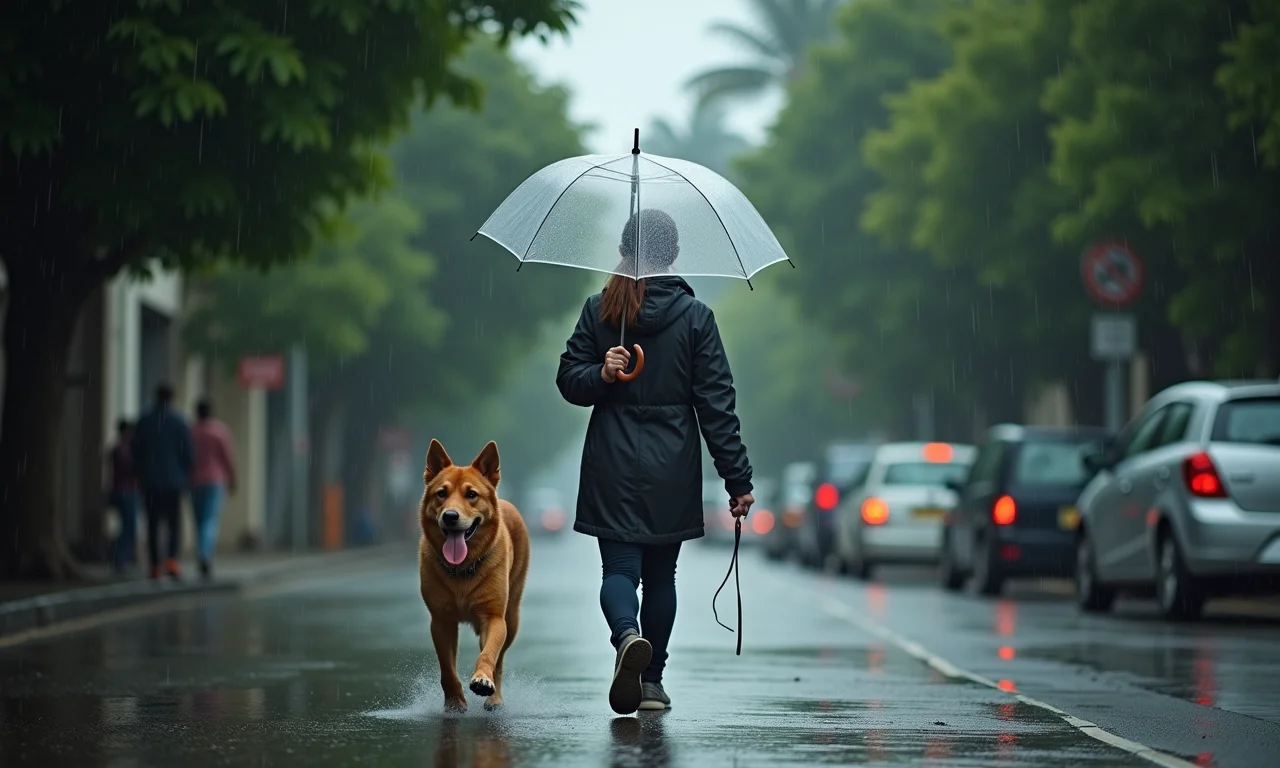 Pessoa passeia com cachorro em dia chuvoso com guarda-chuva transparente.