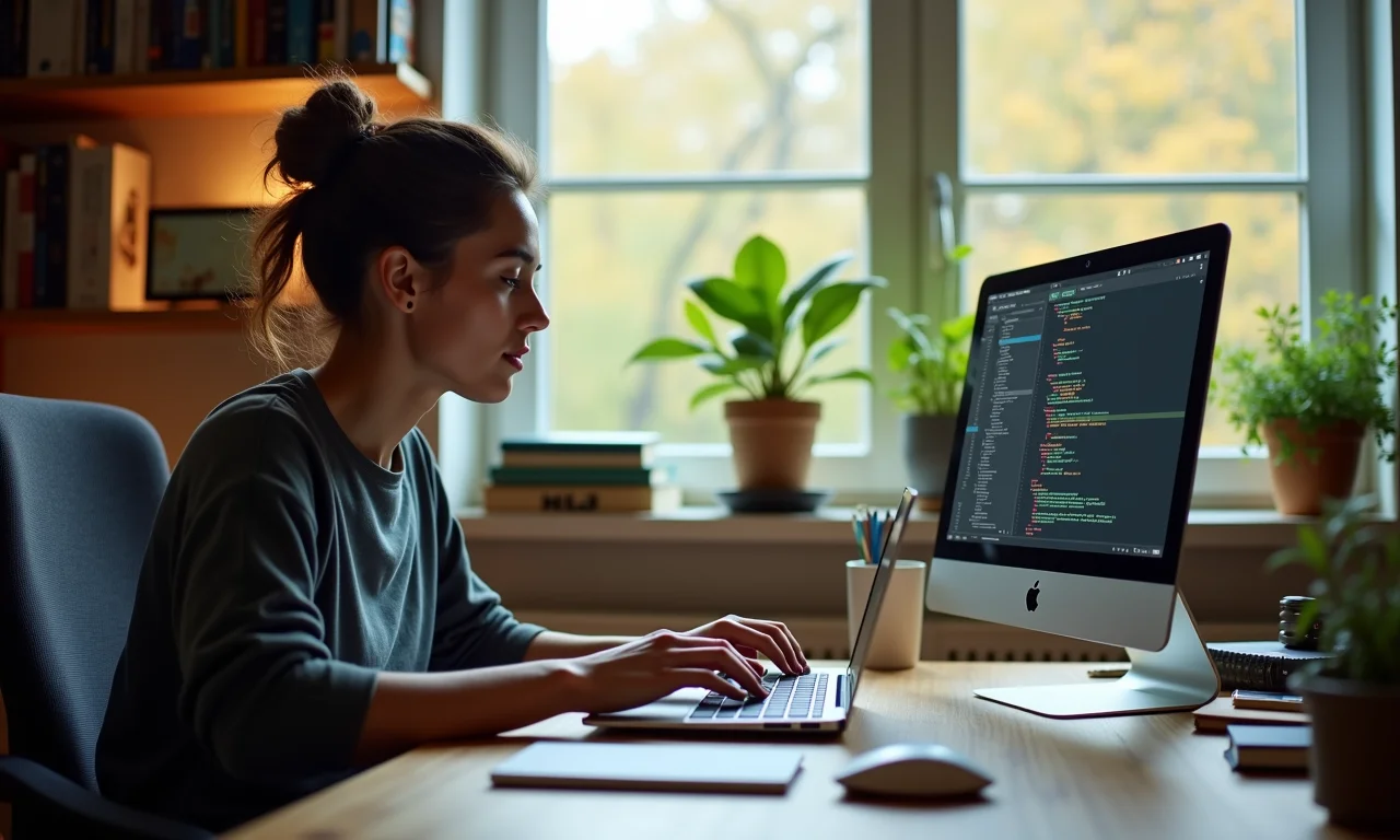 Pessoa programando em um laptop em um escritório doméstico moderno e bem iluminado, representando habilidades de programação.