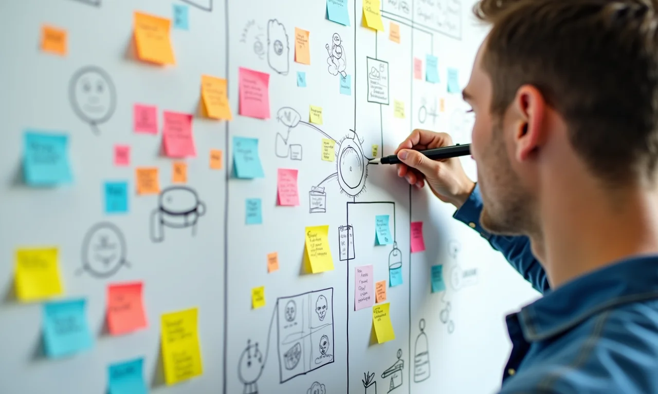 Pessoa rabiscando e trocando ideias em um quadro branco, cercada por marcadores coloridos e notas adesivas, representando criatividade e inovação.