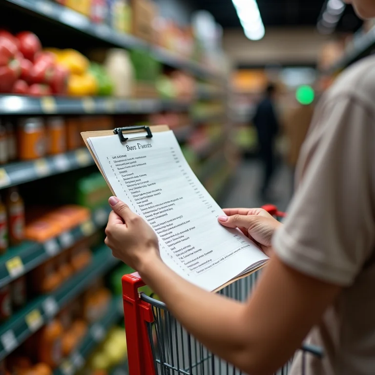 Pessoa seguindo uma lista de compras no supermercado.