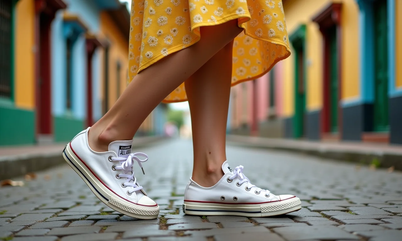 Pessoa usando All Star Converse com vestido estiloso em rua vibrante no Brasil.