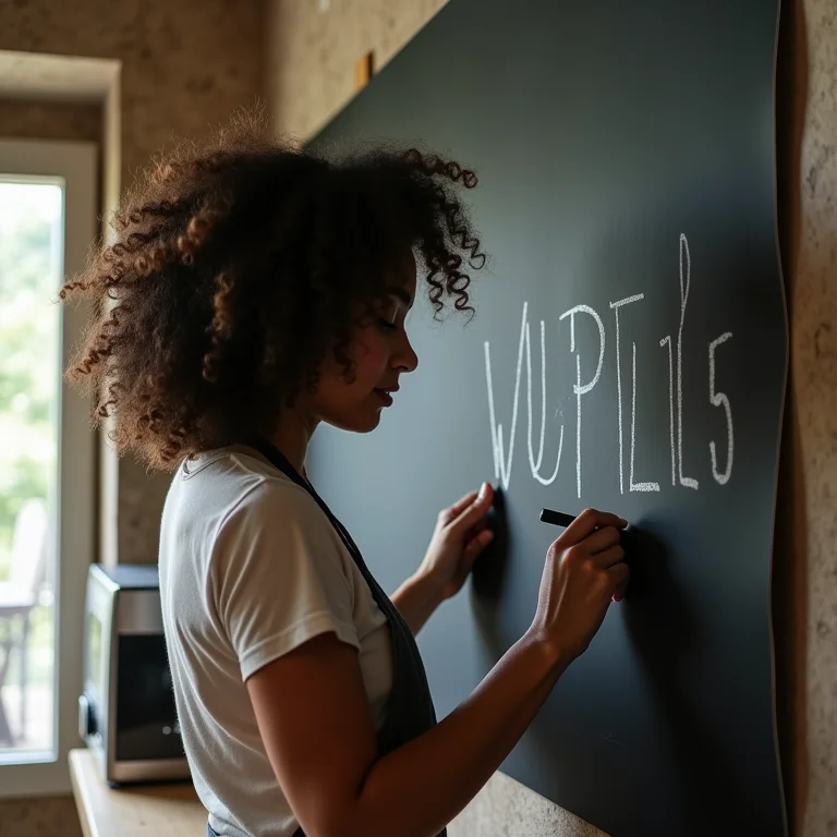 Pessoa usando papel contact lousa na cozinha