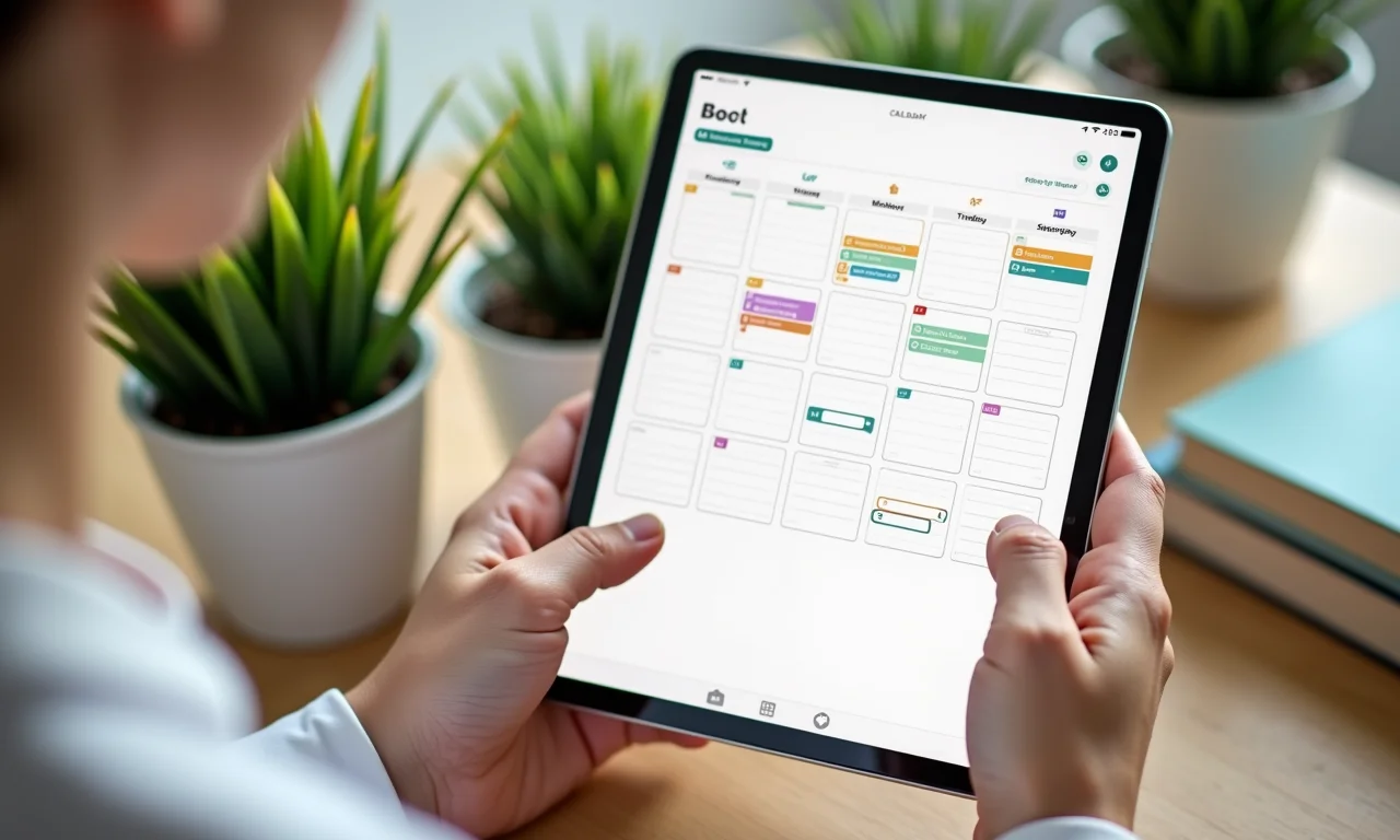 Pessoa utilizando um aplicativo de calendário e lista de tarefas em um tablet para gestão do tempo.