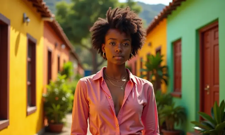 Pessoa vestindo roupa agênero em cenário vibrante.