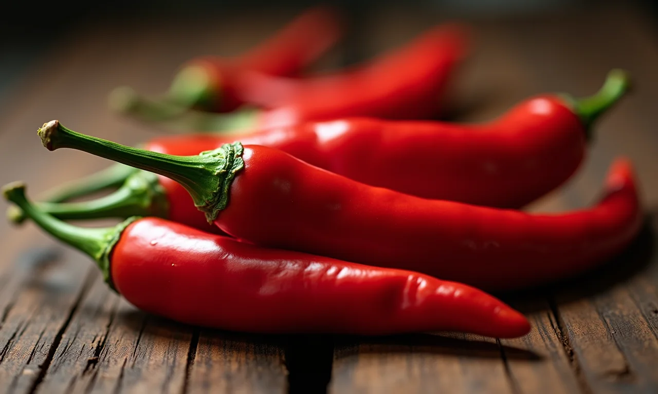 Pimentas vermelhas vibrantes em uma mesa rústica de madeira, simbolizando paixão.