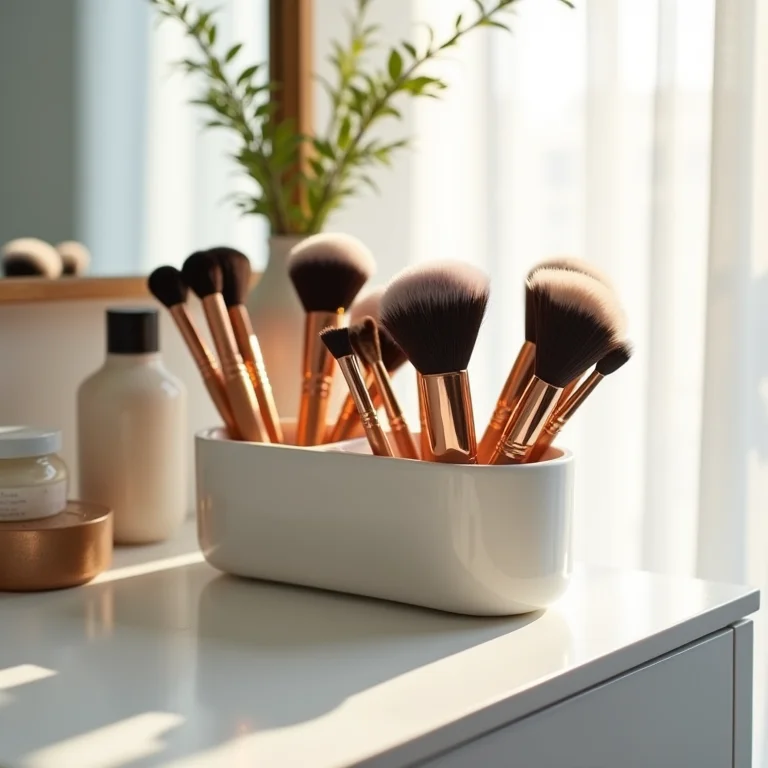 Pincéis de maquiagem armazenados em um organizador em uma penteadeira.