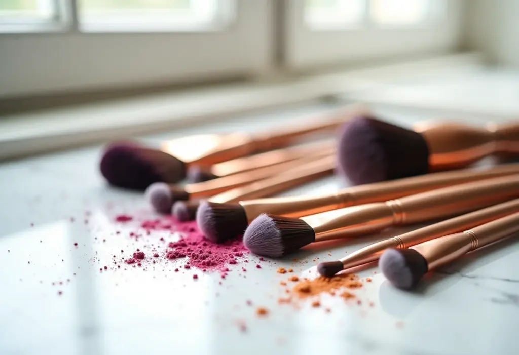 Pincéis de maquiagem coloridos dispostos em fundo de mármore