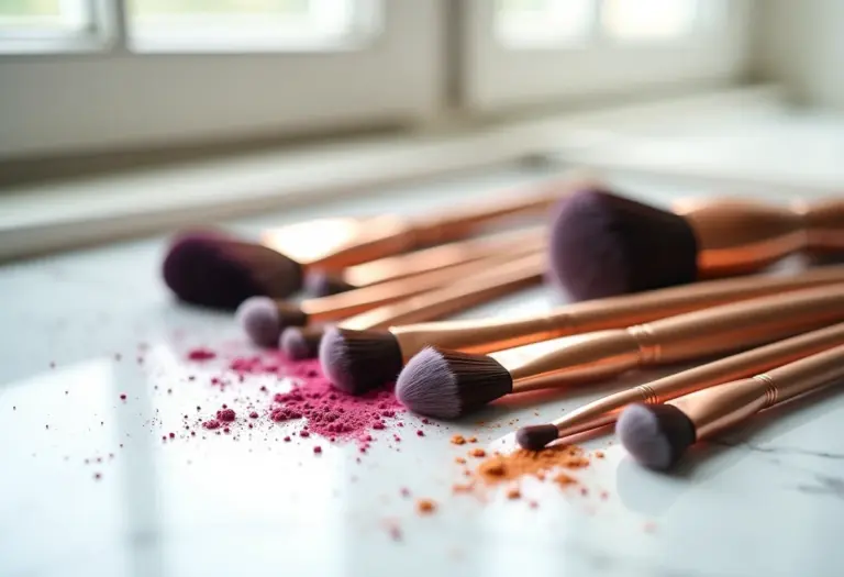 Pincéis de maquiagem coloridos dispostos em fundo de mármore