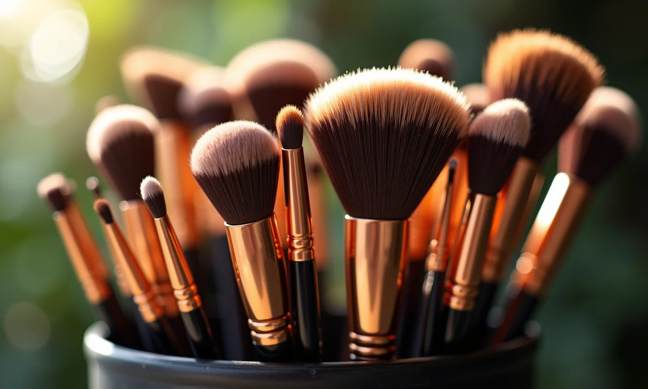 Pincéis de maquiagem profissionais dispostos artisticamente.