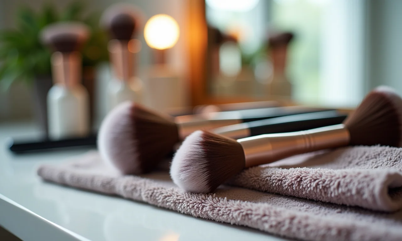 Pincéis de maquiagem secando sobre uma toalha limpa.