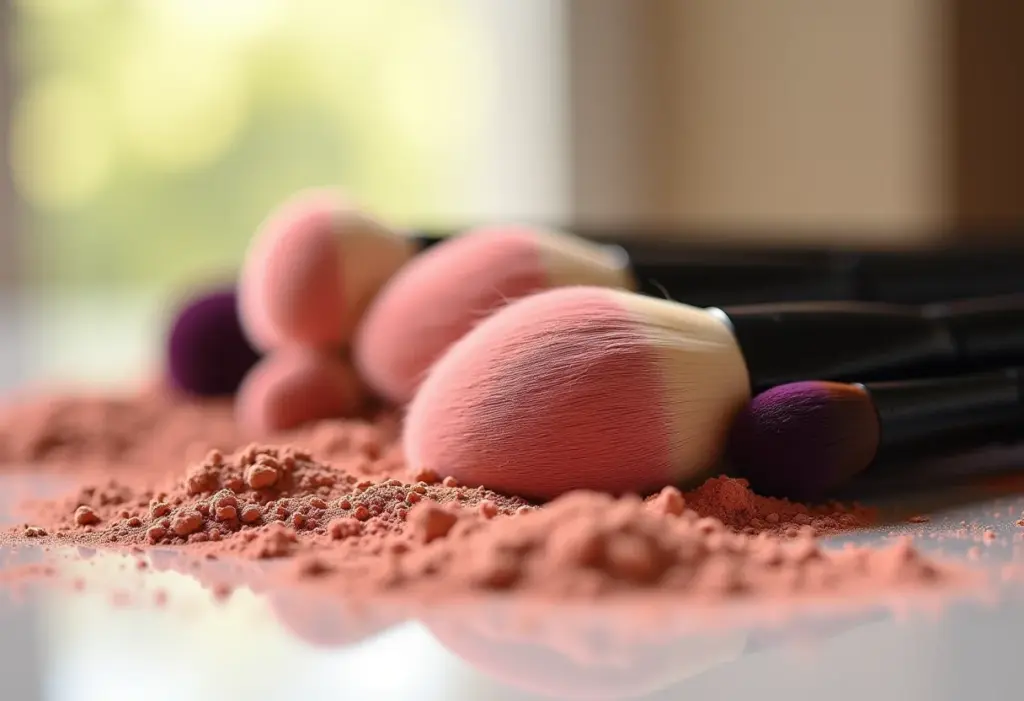Pincéis de maquiagem: o guia definitivo de limpeza (rápido!) Pincéis de maquiagem variados dispostos elegantemente com pó de maquiagem em luz natural suave e difusa.