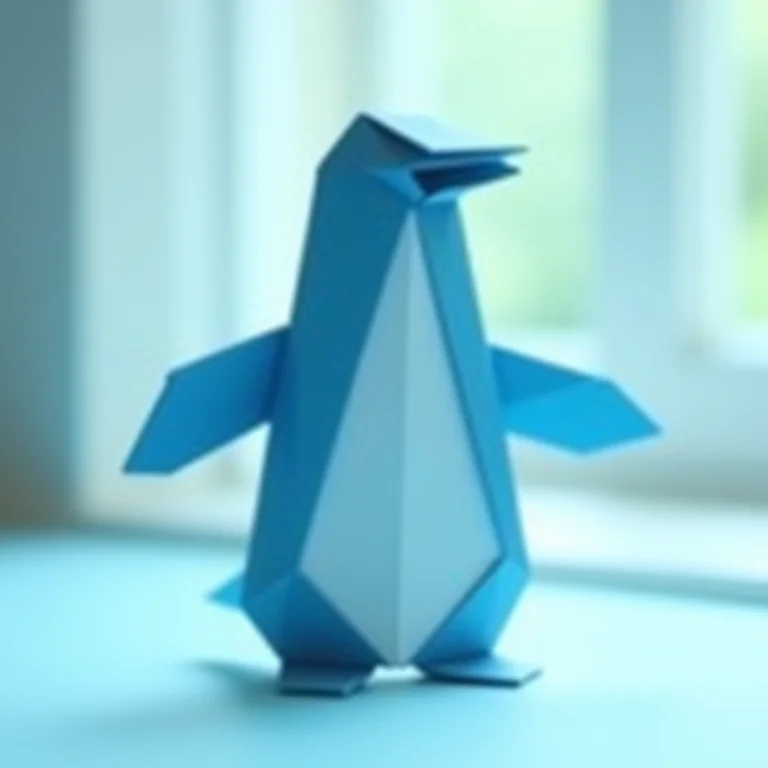Pinguim divertido feito com origami em papel azul.