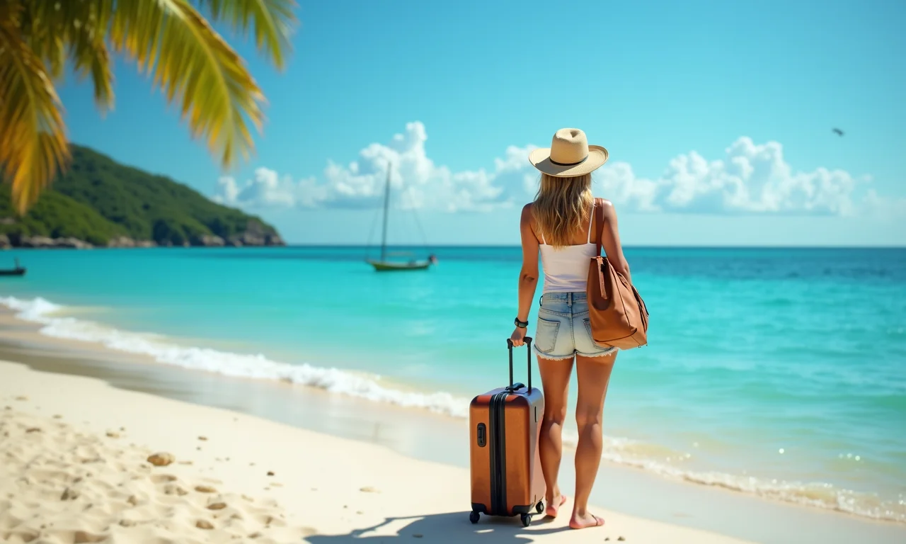 Pisciana em praia tropical no Brasil, pronta para viajar.