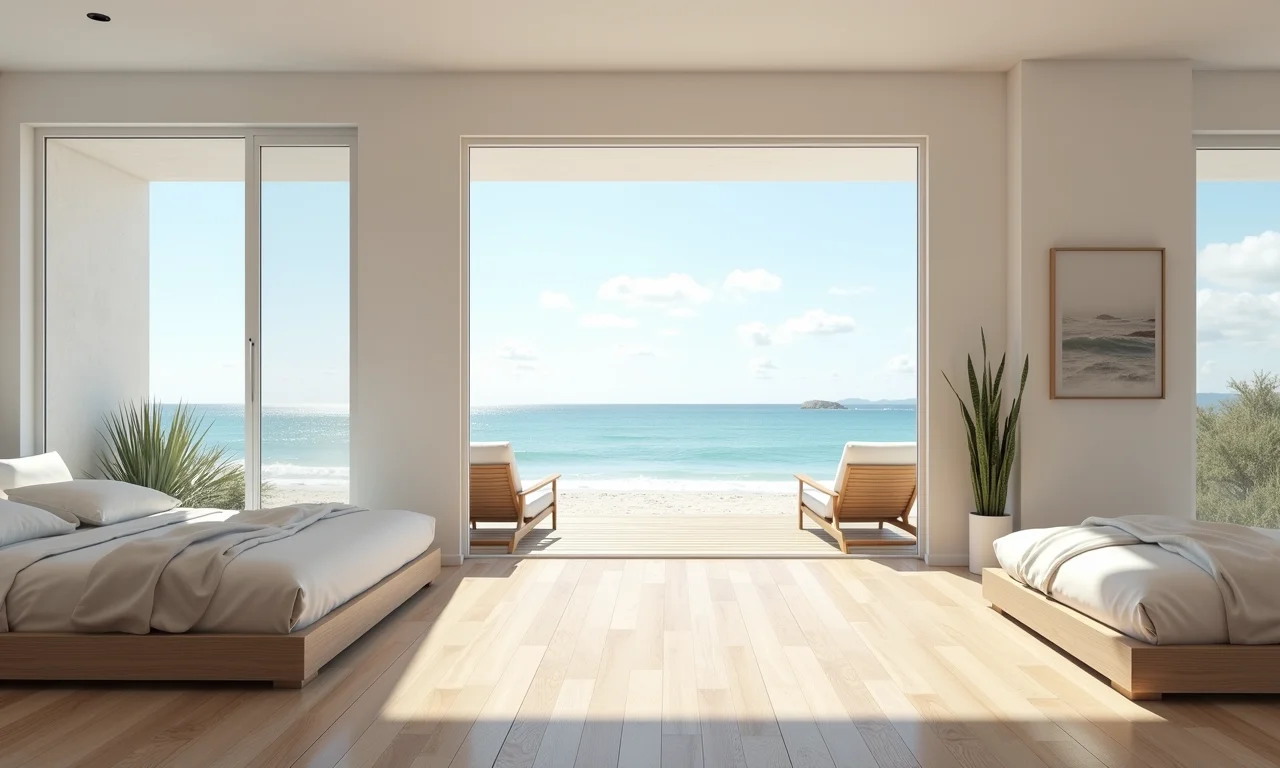 Piso de madeira clara em uma casa de praia com paredes brancas