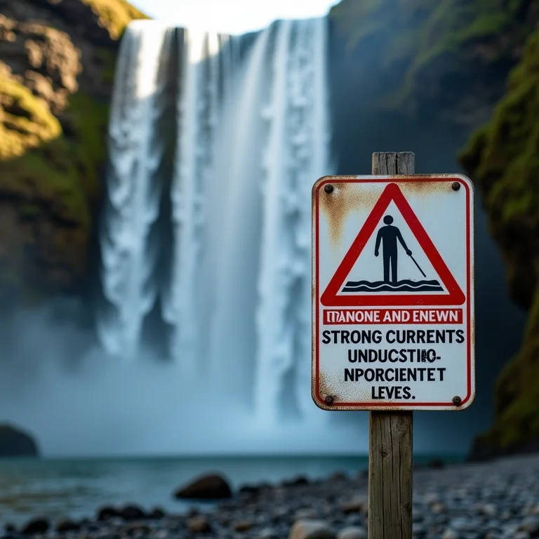Placa de aviso sobre os perigos das cabeças d'água em cachoeiras