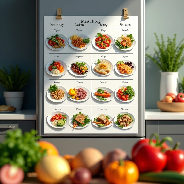 Planejamento de refeições semanais em uma geladeira.