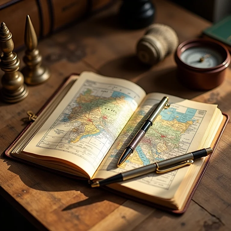 Planejamento de viagem para o Egito: caderno, mapa e bússola.