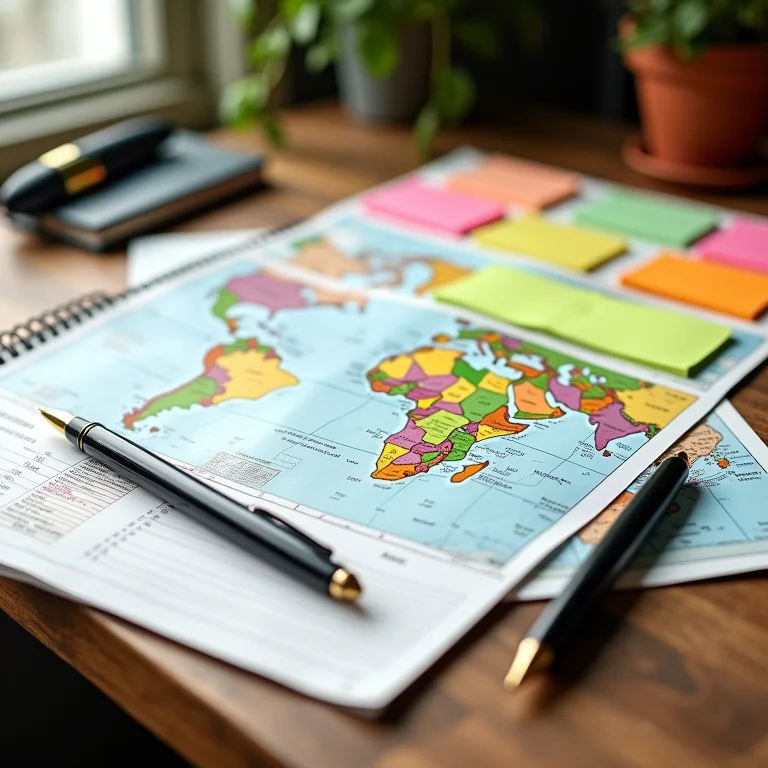 Planner de viagem organizado com mapas e caneta.