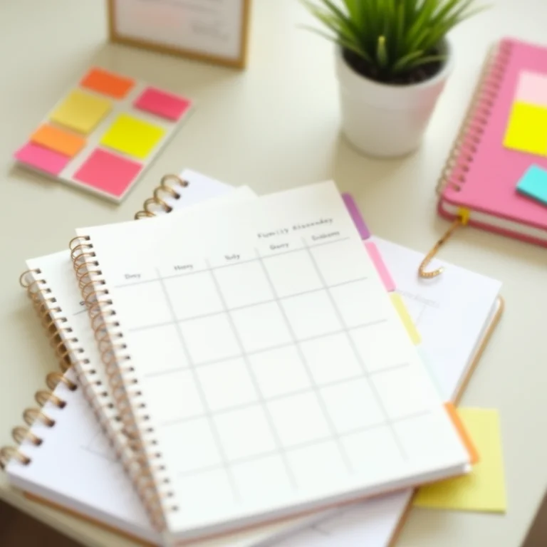 Planner, post-its e calendário familiar organizados em uma mesa, representando a organização da rotina.