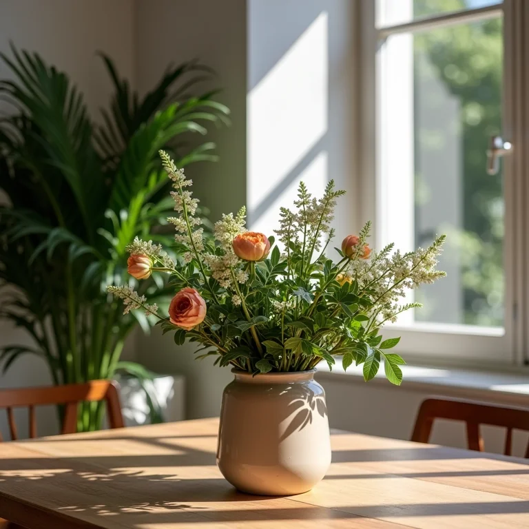 Plantas e flores naturais na decoração da sala de jantar