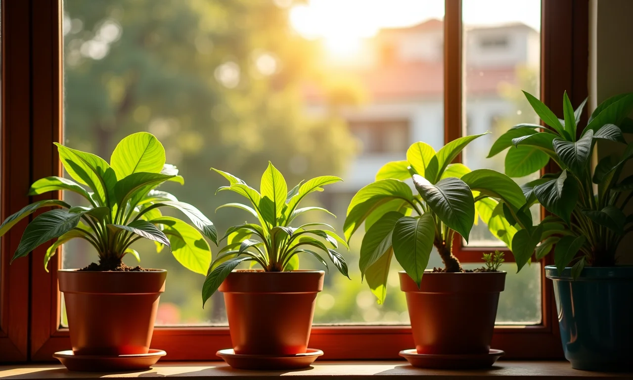 Plantas em vasos recebendo luz solar natural em uma varanda.