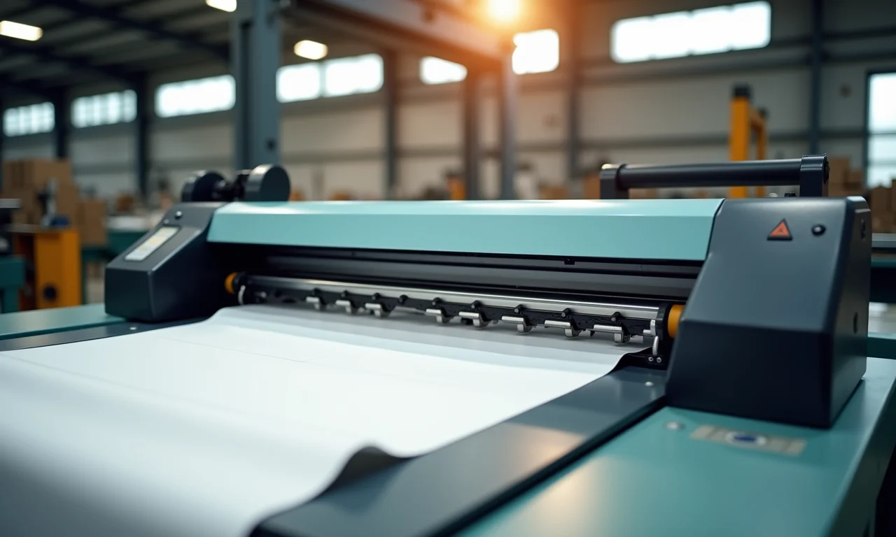 Plotter de recorte industrial cortando tecido em ambiente de oficina.