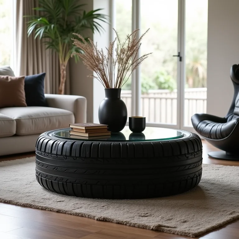 Pneu usado transformado em mesa de centro estilosa em sala moderna.