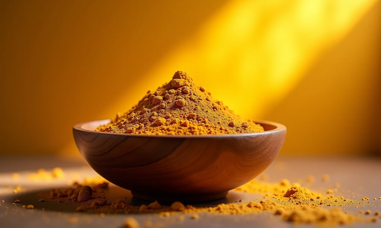 Pó de maca peruana em uma tigela de madeira, energia e desejo.