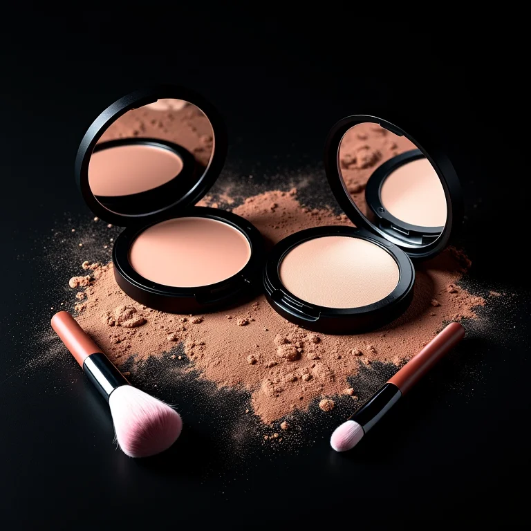 Pó facial em excesso com pincéis, representando um visual pesado.