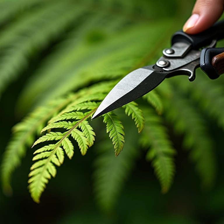 Poda de folhas secas de samambaia com tesoura de poda.