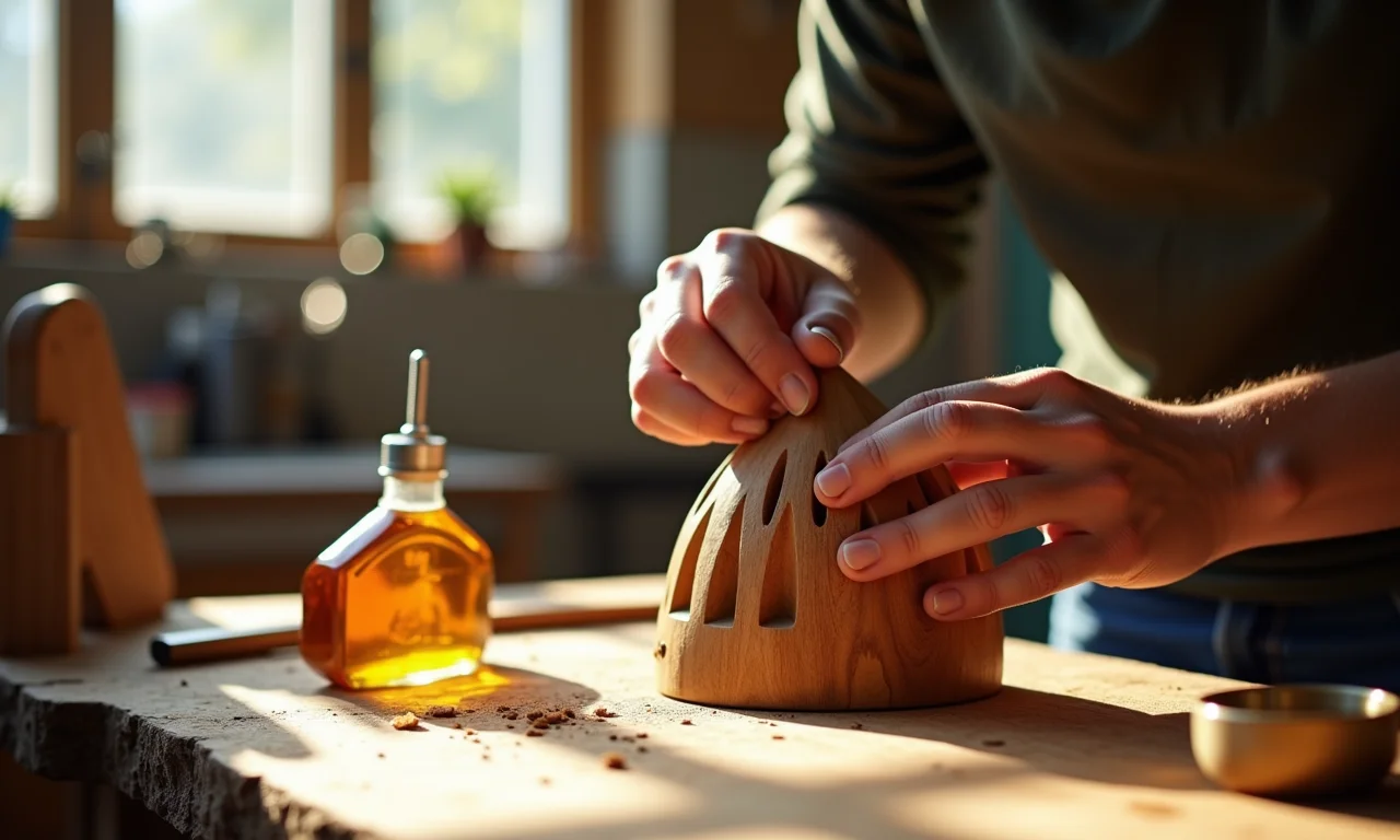 Polindo escultura de madeira com cera de abelha.