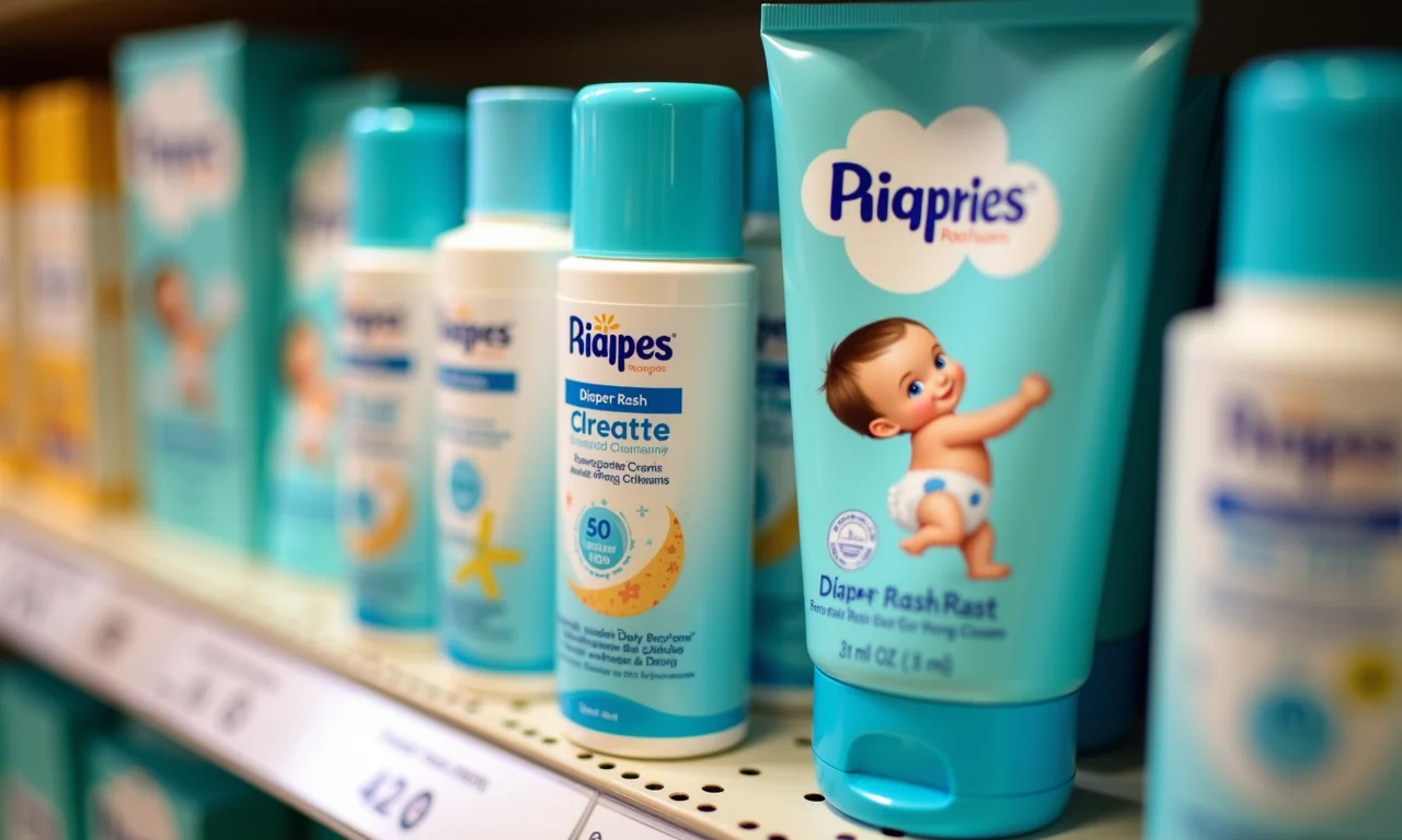 Pomadas antiassaduras em prateleira.