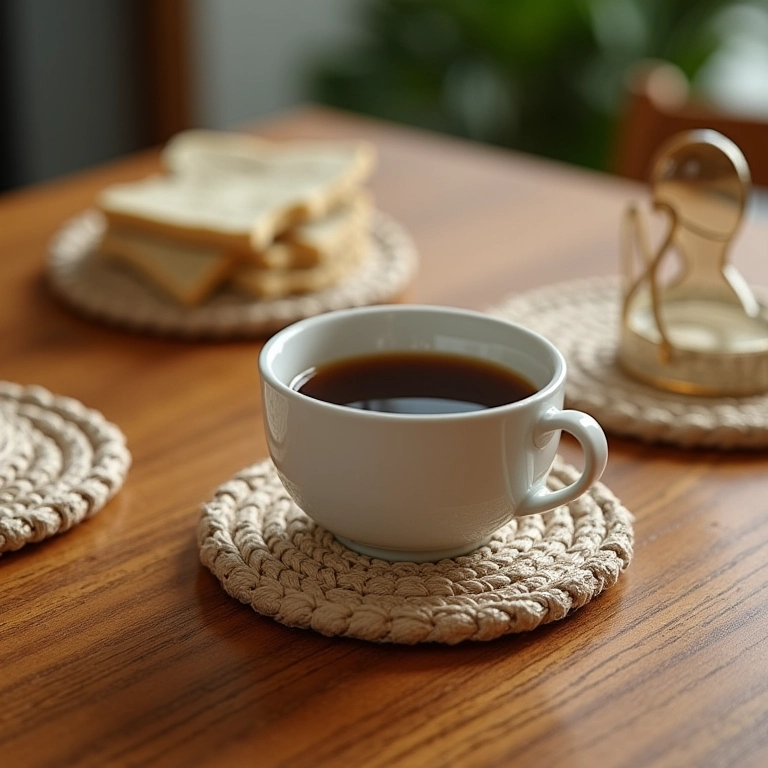 Porta-copos e descansos de panela de corda de sisal em mesa de madeira.