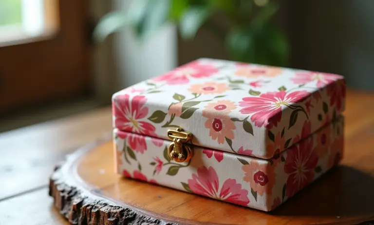 Porta joias artesanal com tecido floral feito com a técnica de cartonagem.