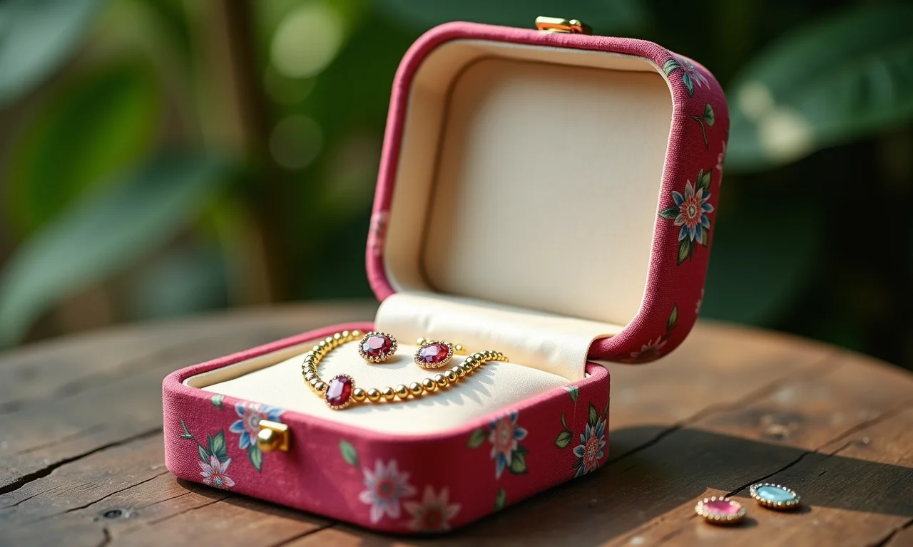 Porta joias com estampa floral exibindo joias.