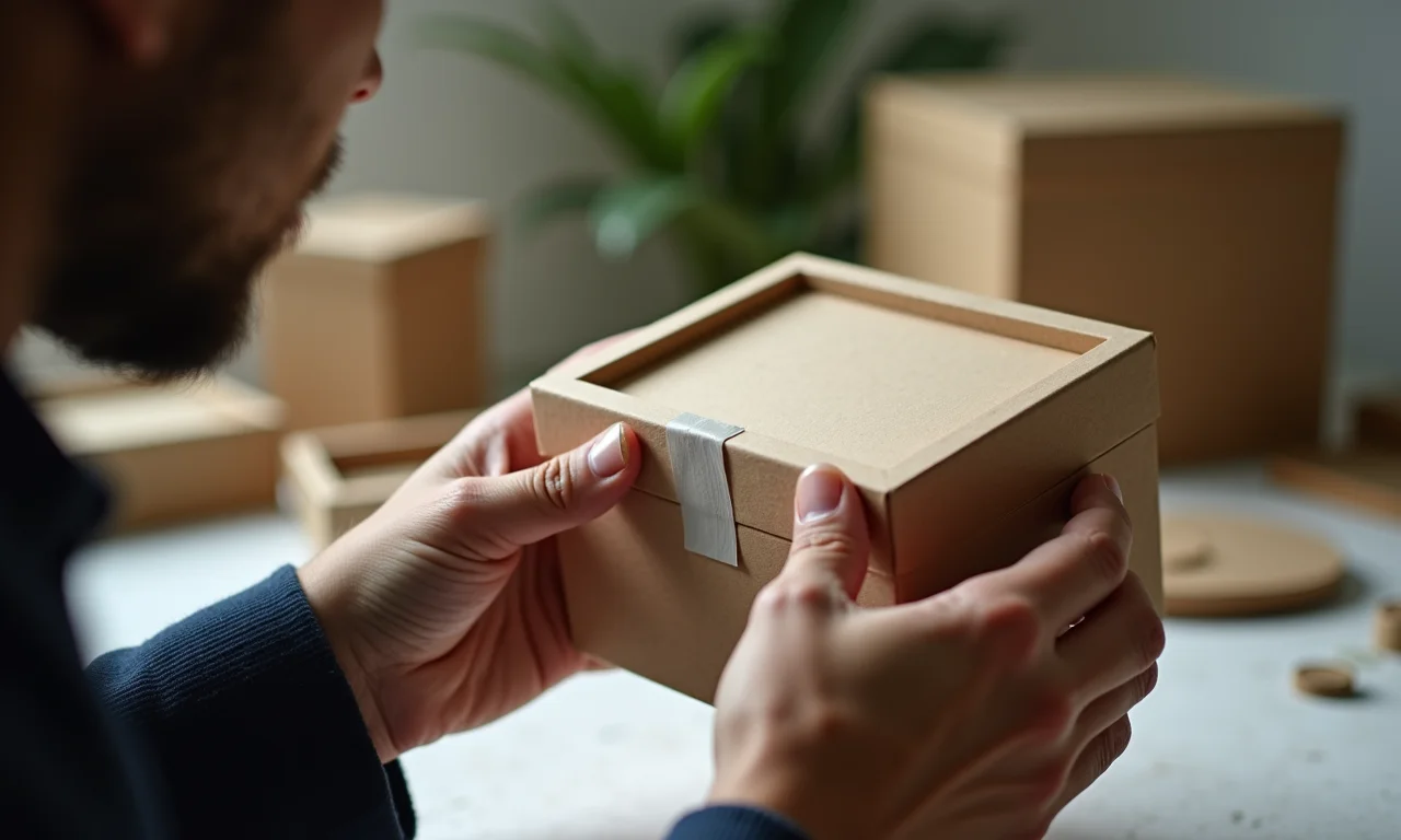 Porta joias sendo fixado com fita crepe durante o processo de cartonagem.