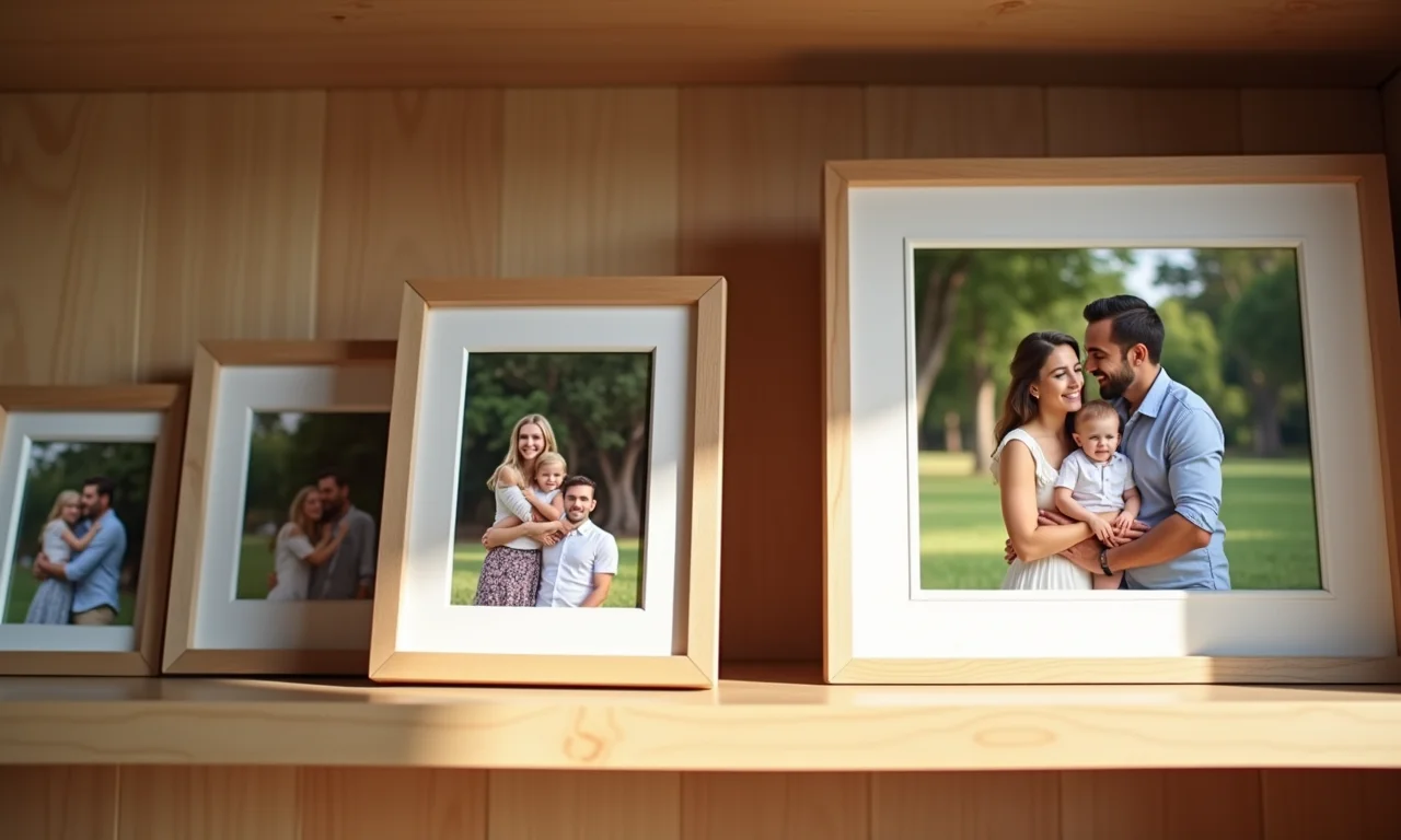 Porta-retratos artesanais com fotos de família expostos em prateleira.