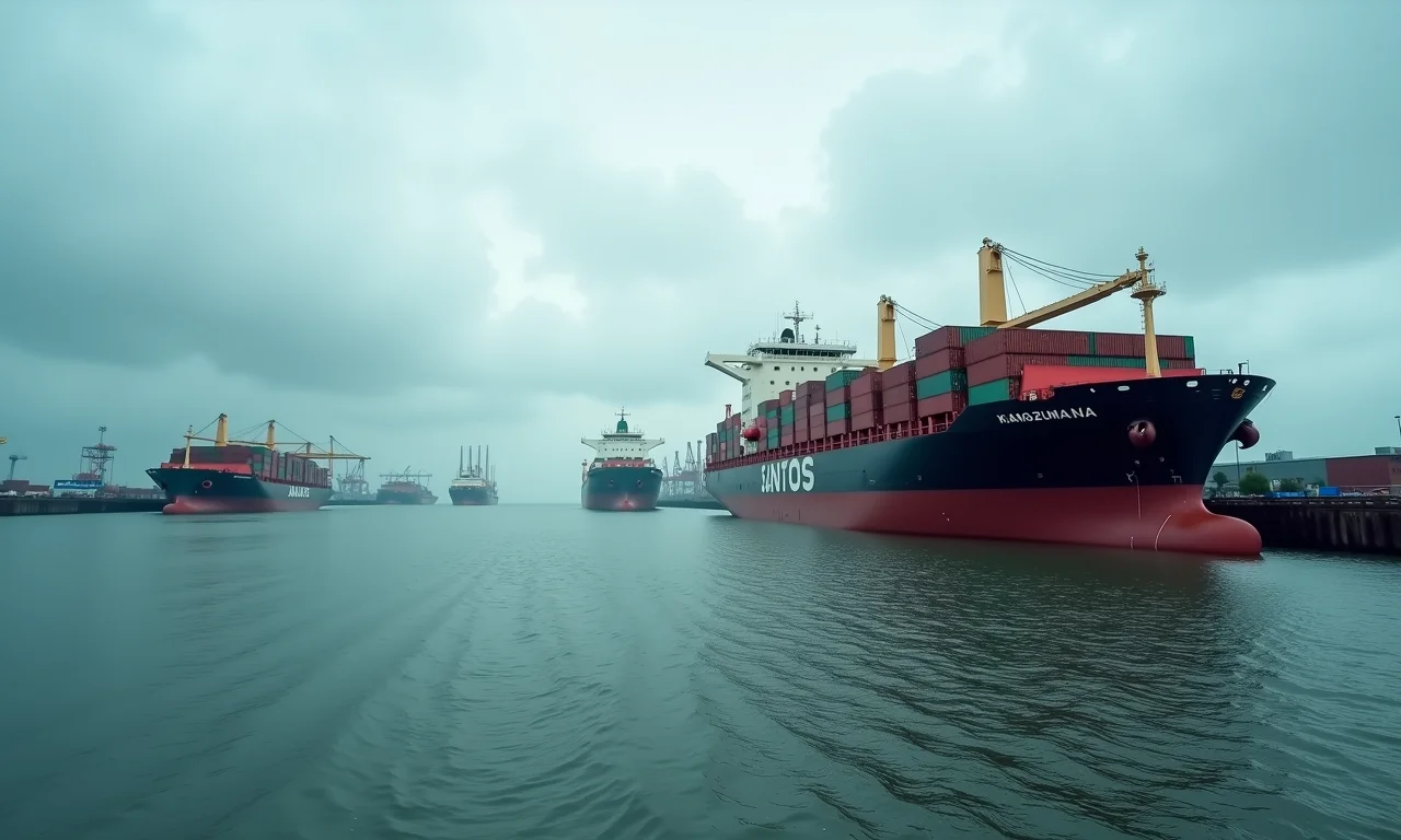 Porto de Santos ameaçado pela elevação do nível do mar, com navios de carga em risco.