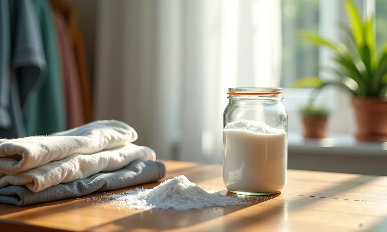 Pote aberto de bicarbonato de sódio com roupas ao fundo exalando frescor.