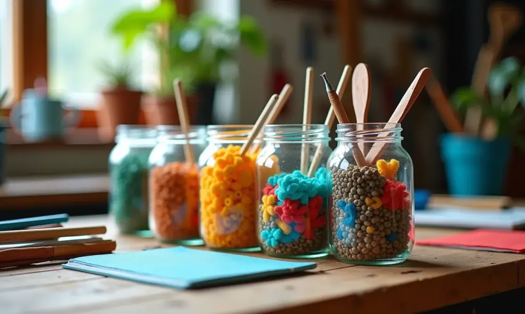 Potes de vidro decorados e reutilizados como organizadores de materiais de artesanato.